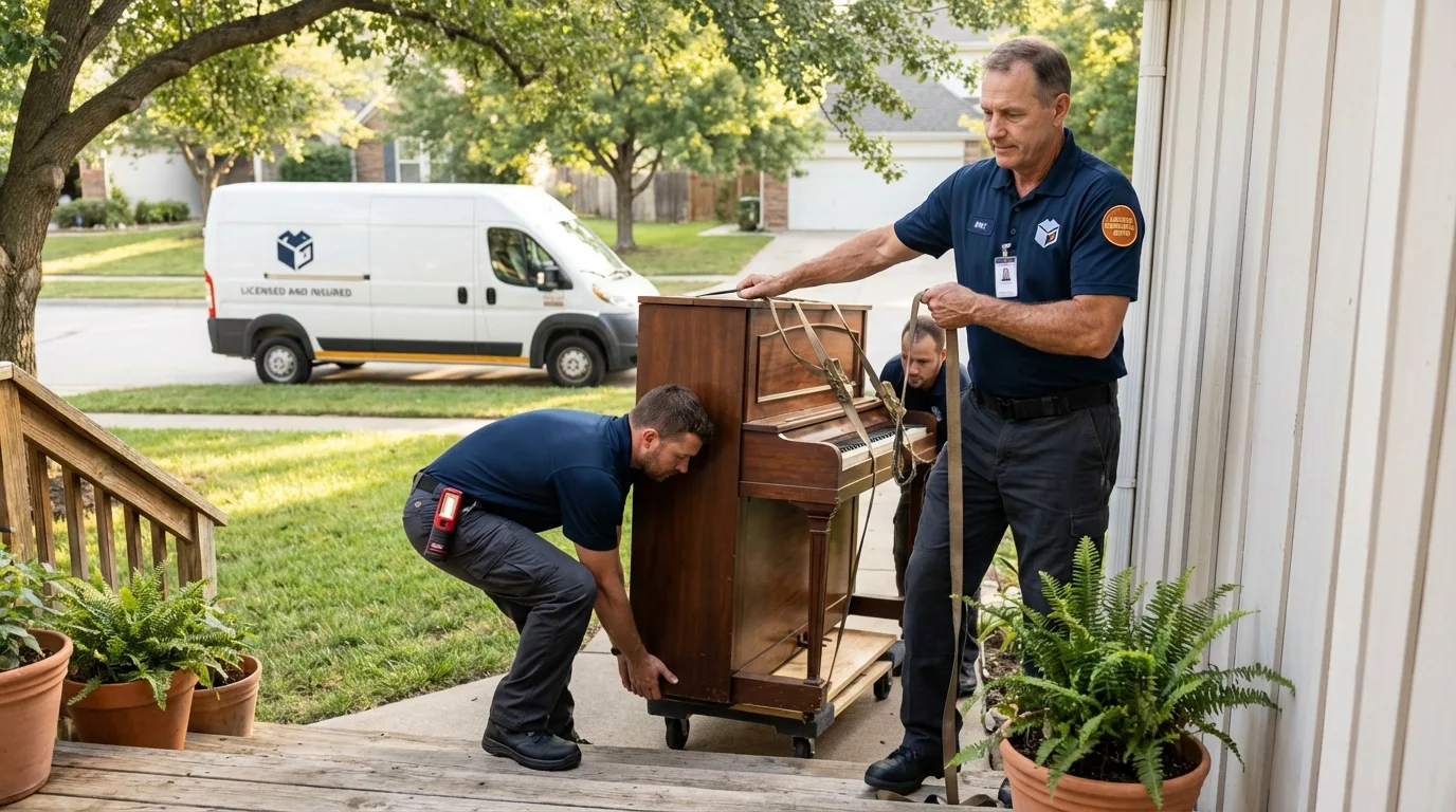 Licensed piano movers securing grand piano in Leechburg, PA