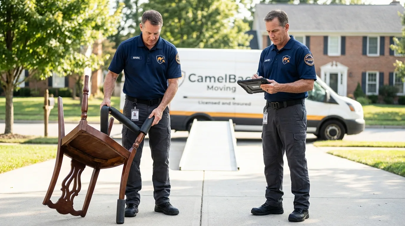 Movers inspecting furniture for damage prevention before loading in Leechburg, PA